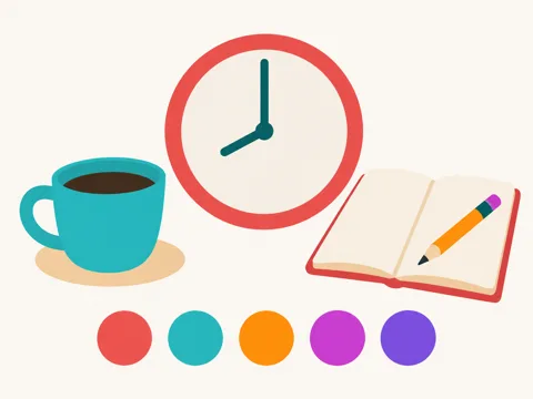 Ilustración de un reloj marcando las ocho, una taza de café y una libreta con un lápiz