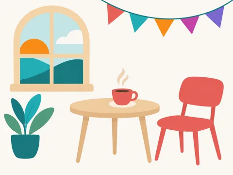 Illustration of a table with a coffee cup and an empty chair next to a window at sunrise
