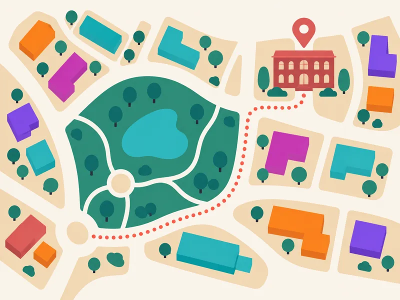 Illustration of a town map with a dotted path reaching a brick building marked with a pin