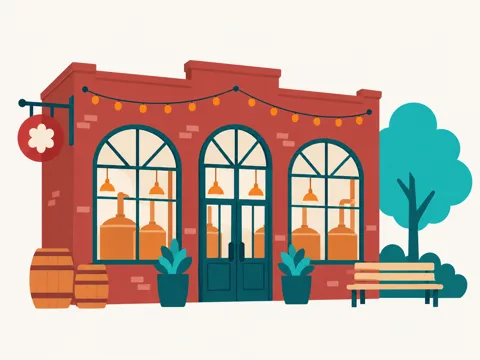 Illustration of the facade of a brick brewery with arched windows and string lights