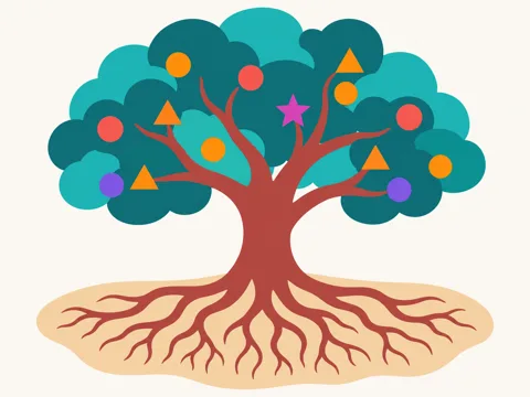 Illustration of a tree with colorful shapes as fruit and its roots showing