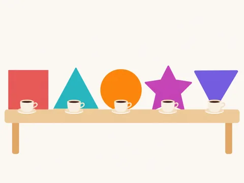 Illustration of the five logo shapes on a long table with coffee cups