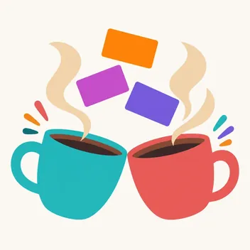 Illustration of two coffee cups toasting with business cards floating between them