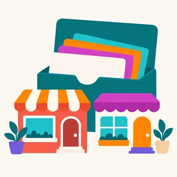Illustration of a card holder with colorful cards in front of two small shops