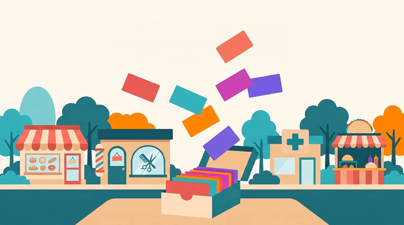 A business card holder with colorful cards in front of a street of small businesses