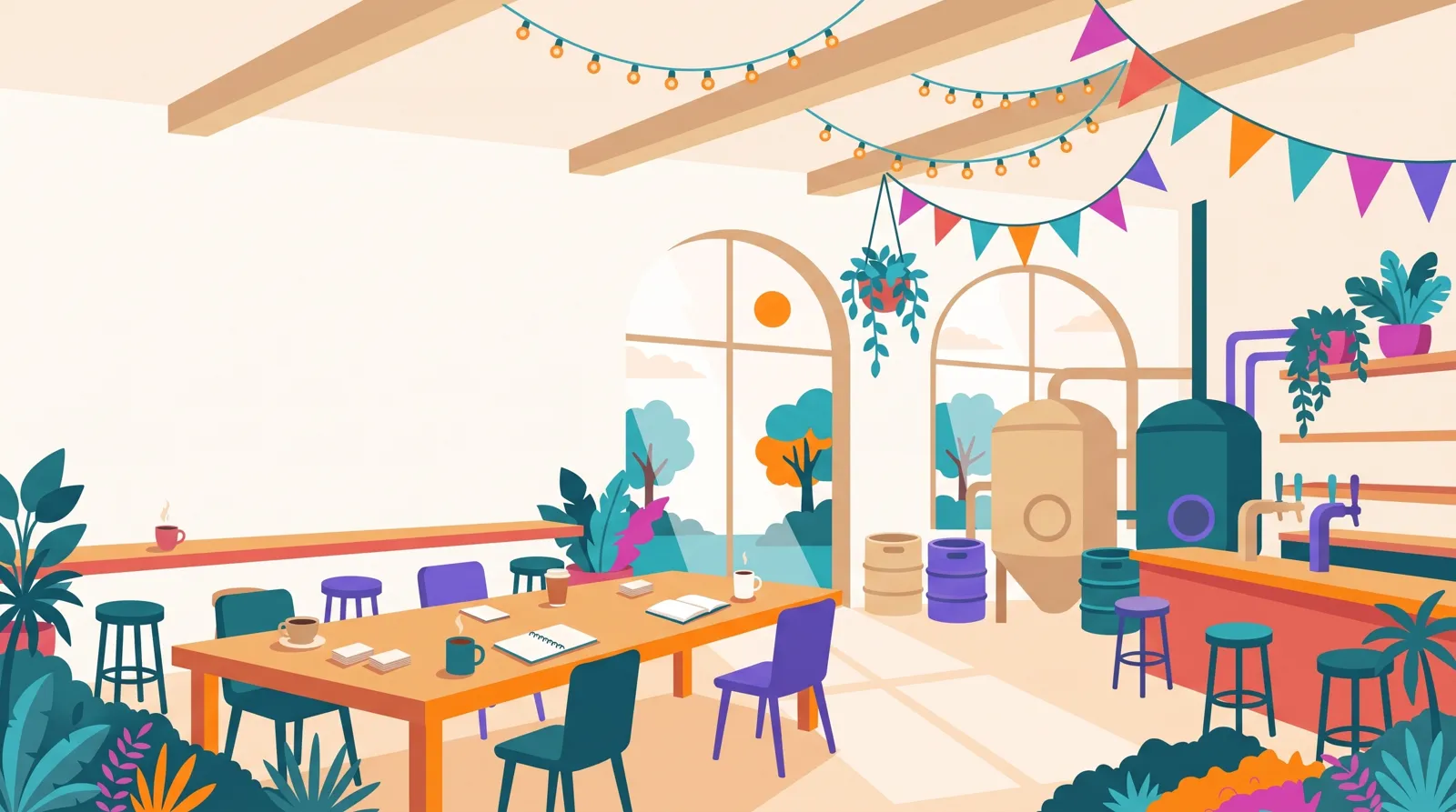 Ilustración del interior de una cervecería por la mañana, con una mesa larga, tazas, tarjetas de presentación y luces
