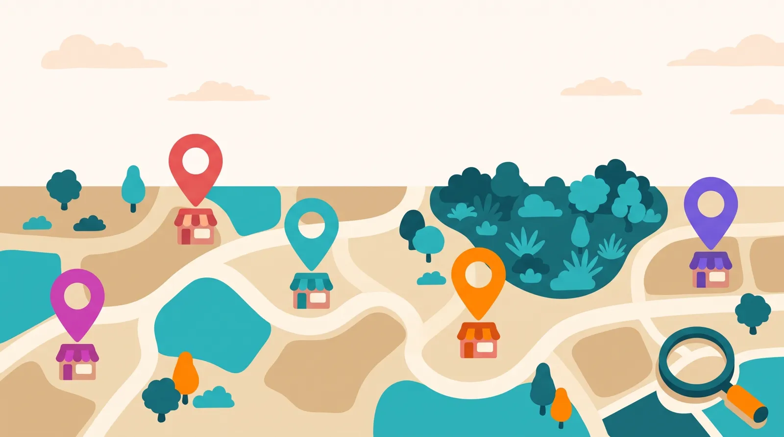 Ilustración de un mapa de un pueblo con cinco pines de colores sobre pequeños negocios y una lupa