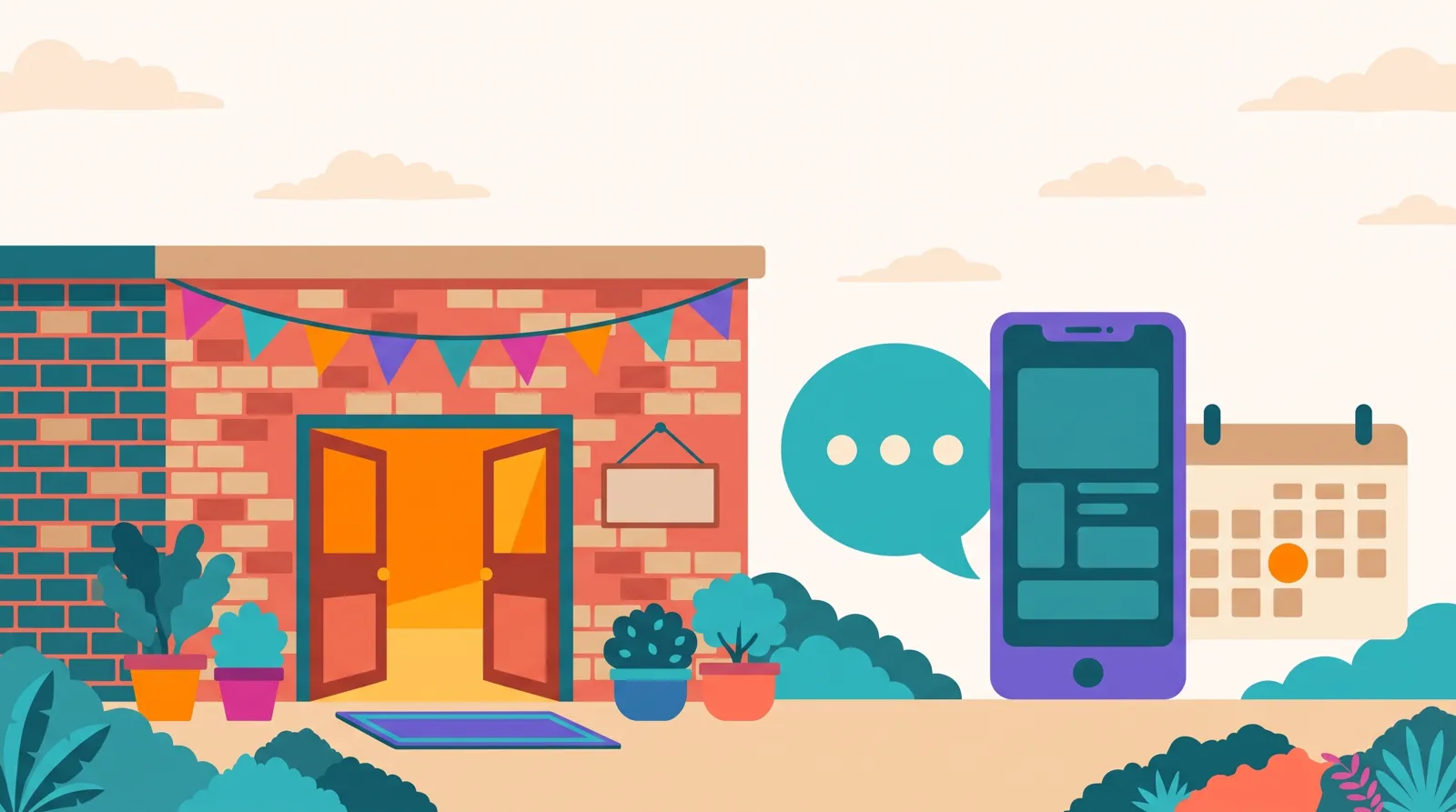 Illustration of the open door of a brewery, with a chat bubble, a phone and a calendar